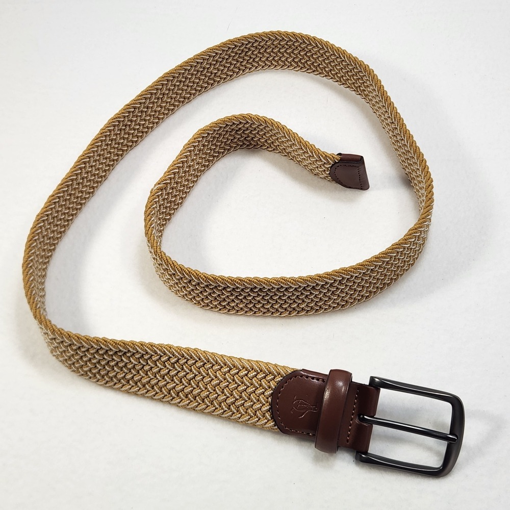 Original Penguin Belt Mens M 34-36 Tan Braided Elastic Stretch Leather Trim